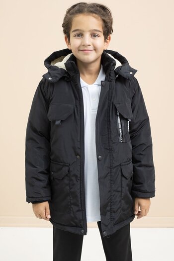 Cansın Mini Black Text Detailed Boys' Hooded Coat with Chest Pocket and Fur Inside 21475