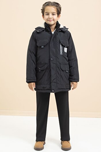 Cansın Mini Black Text Detailed Boys' Hooded Coat with Chest Pocket and Fur Inside 21475