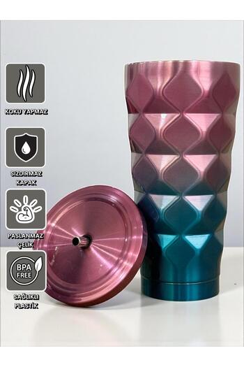 SANALTİCARETİM Blueberry Colored Geometric Thermos with Straw 500 Ml-For Cold and Hot Drinks