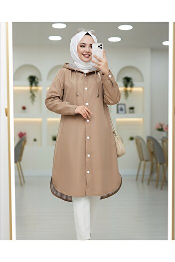Modamorfo Lined Striped Side Pocket Hooded Trench Coat - Mink