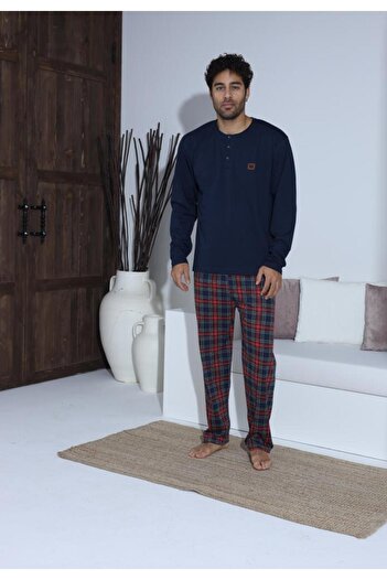 BOYRAZ Men's Navy Pajamas – Button-Up Shirt with Patch and Long Checkered Pants