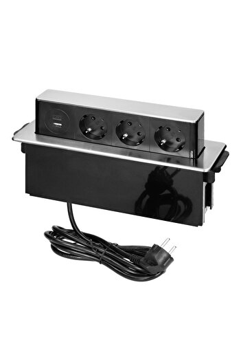 Orno Priză de mobilă OR-GM-9014(GS)/B-G, încorporată, panou glisant, 3 prize Schuko, negru/gri
