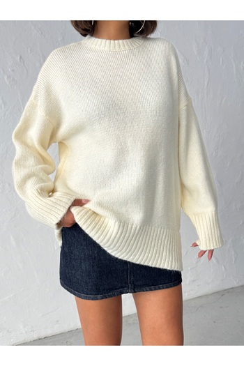 BEJNA Women's Ecru Soft Textured Crew Neck Oversize Basic Knit Sweater