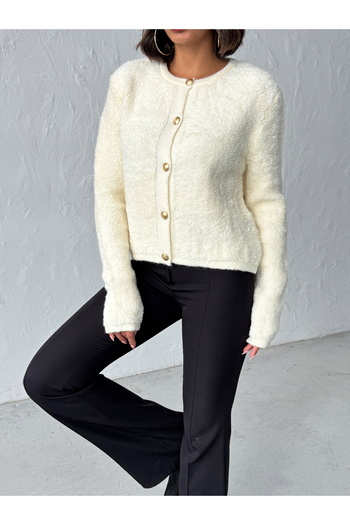 BEJNA Women's Ecru Towel Woven Buttoned Knit Cardigan
