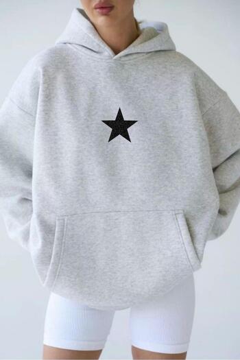 NO 601 Women's Grimelange Black Glitter Star Printed Hooded Sweatshirt