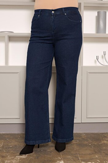 RMG Elastic Waist Wide Leg Plus Size Jeans Dark Navy Blue