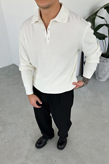 HAFKAGİYİM Ecru Basic Ribbed Buttoned Collar Relaxed Sweater
