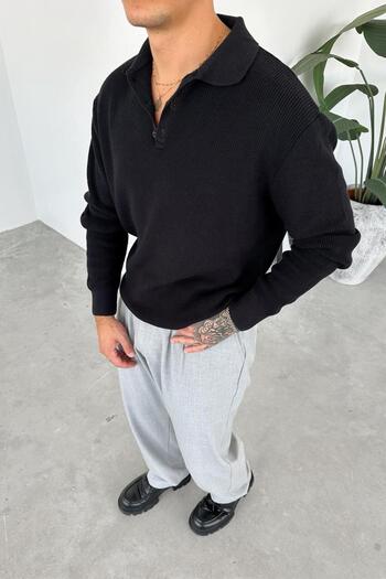 HAFKAGİYİM Black Basic Ribbed Buttoned Collar Relaxed Sweater