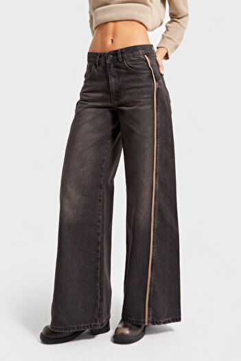 its basic Women's T.Kot Color 2W5-62 Palazzo Fit Side Stripe Detailed Loose Fit Inner Length 80cm Design Denim Jean