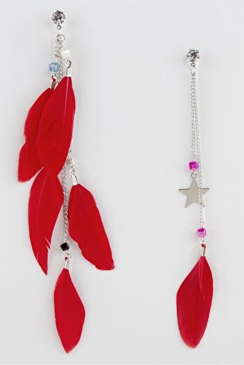 ZERO LAND Hn-Shop Star Crystal Feather Earrings-Red