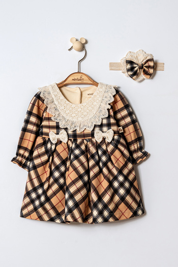 MİNİBORN Girls Long Sleeve Beige Checked Woven Collar Detail Dress Set