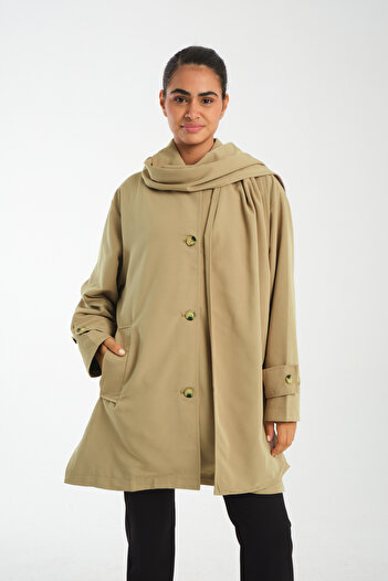 FEMMESTUDIO Women's Khaki Trench Coat with Scarf