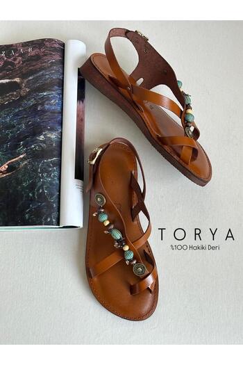 Zuum Torya 100% Genuine Leather Women's Flip-Flop Sandals with Accessories - Tan Leather