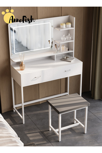 AnneFish 100*40*135cm Dresser Stool Set LED Mirror Drawers Make Up Vanity Table 3 Levels Light Intensity USB