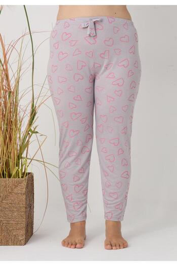 Serena Big Size Women's Pajama Pants, Gray with Pink Hearts, 85% Viscose, 15% Polyester