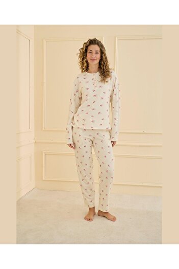 pijamaworld Waffle Knit Pajama Set with Cuff Sleeves and Patch Pockets