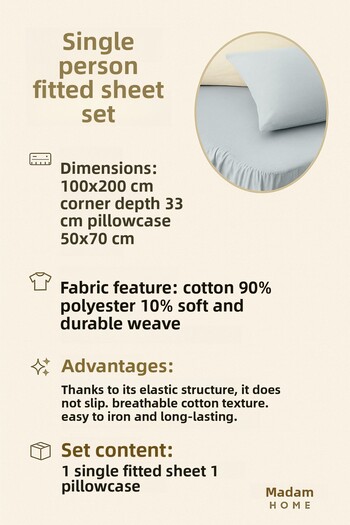 Madame Home 100*200 Single Fitted Sheet Set 50*70 Pillowcase 90% Cotton Corner Depth 33cm