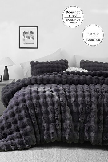 Evlen Home Collection Fur Bedspread Double Filled Plush Soft Double-Sided Quilt 3 Pieces Lory Anthracite Smoked
