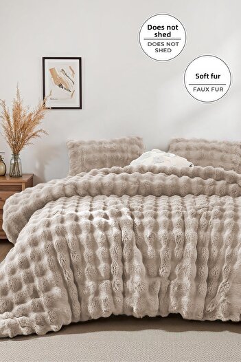 Evlen Home Collection Fur Quilt Double Filled Plush Soft Double-Sided Bedspread 3 Pieces Lory Cappuccino