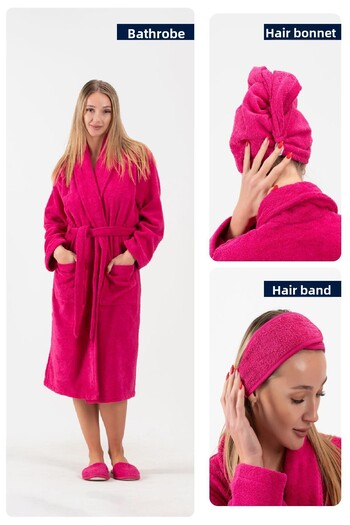 Ender Home Cottonverse 3-Piece Bathrobe Set - 100% Cotton Bathrobe, Hair Cap, Headband Unisex