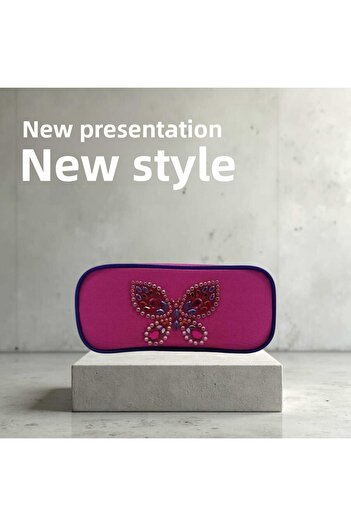 Cem Style Embossed Butterfly Patterned Pink Fabric Pencil Bag