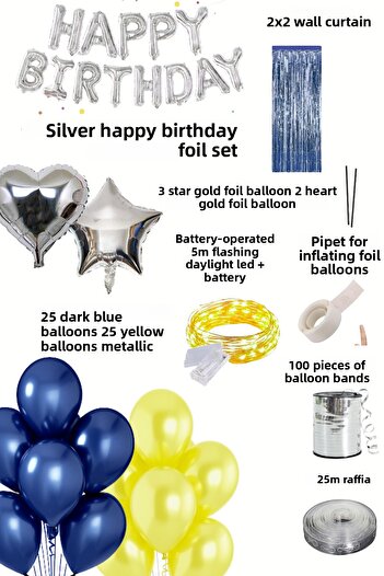 Baloncu Nene Gold Happy Birthday Foil Balloon Set Yellow Navy Blue Birthday Party Decorations