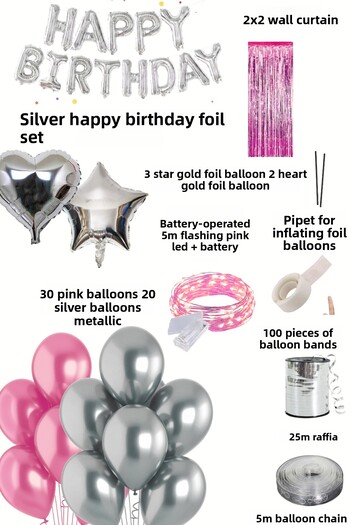 Baloncu Nene Silver Happy Birthday Foil Balloon Set Pink Silver Birthday Party Decorations