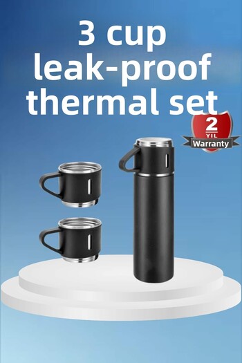 Toptan Bulurum Thermos Stainless Steel Thermos Black Color Thermos Set with 3 Cups