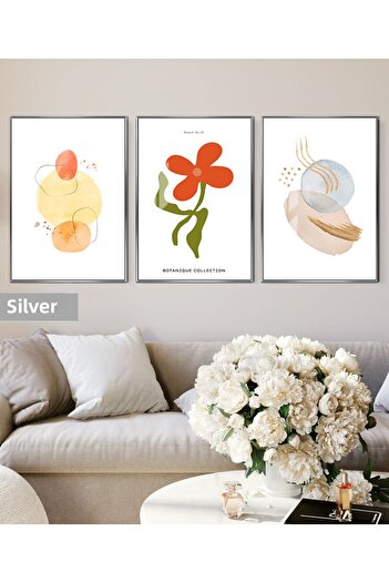 Harikabirev Hari̇kabi̇rev | Orange-Green Flower Patterned Bohemian Combination 02 | Framed Glass Table 3-Piece Vertical
