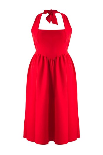 Trendyol Curve Red Square Collar Skater Midi Finike Woven Plus Size Dress Tbbss25Ah00255