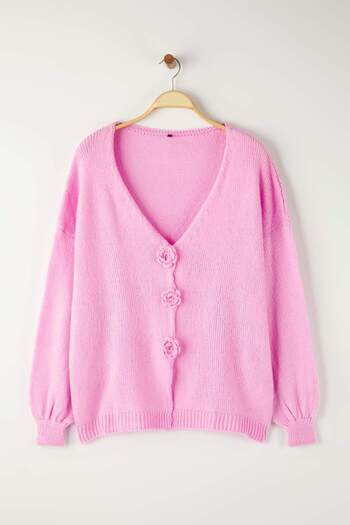 Trendyol Curve Pink Flower Detailed Knitwear Cardigan Tbbaw26Av00020