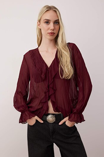 Trendyol Collection Plum Wrinkle Look Chiffon See-Through Shirt Twoaw26Go00070