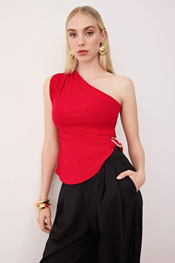 Trendyol Collection Red Plain Boat Neck Sleeveless Knitted Scuba Crepe Party Blouse Tprss25Bz00045