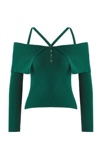 Trendyol Collection Emerald Green Premium Yarn/Special Yarn Carmen Neck Strap Knitwear Sweater Twoaw26Kz00076
