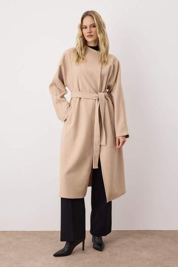 Trendyol Collection Beige Tied Collar Closure Oversize Long Cashmere Coat Twoaw26Kb00061