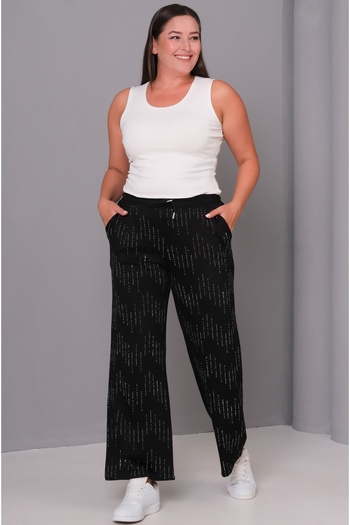 Şans Pantaloni de sport pentru femei, mărime mare, negri, cu detalii în piatră, cu șireturi, cu buzunare 65N39140