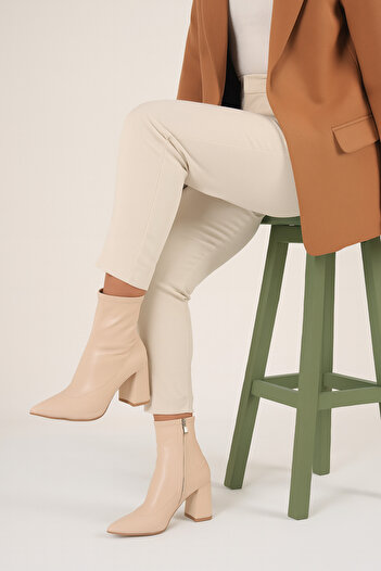 Ömer Ediz Shoes Μπεζ Stretch μποτάκια με χοντρό τακούνι