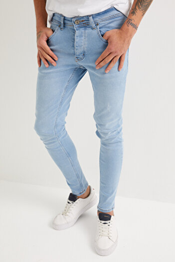 Newtime Erkek Buz Mavi Slim Fit Dar Kesim Likralı Jean Kot Pantolon Tırnaklı