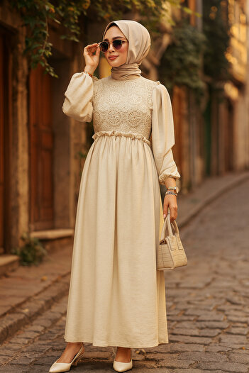 Neva Style Μπεζ Φόρεμα Hijab - Λεπτομέρεια Guipure, Μοντέλο 59861BEJ