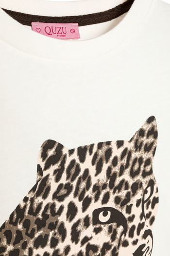 Quzu Μπλουζάκι με στάμπα Leopard Crew Neck Ecru