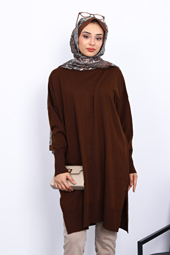 İmajButik Καφέ Crew Neck Mercerized Casual Knitwear Tunic
