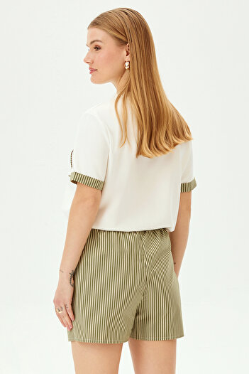 Allyco Elastic Waist Short Line Detailed Comfortable Fit Cotton Shorts