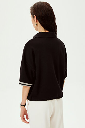 Allyco Low Sleeve Lace Detailed Zippered Comfortable Fit Knitted T-Shirt