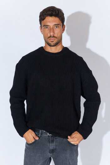 TENA Men's Black Crew Neck Braided Knitwear Sweater
