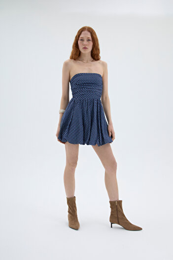Quzu Navy Blue Strapless Polka Dot Mini Balloon Dress