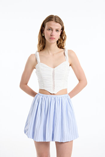 Quzu Ecru Detailed Lace and Draped Crop Blouse