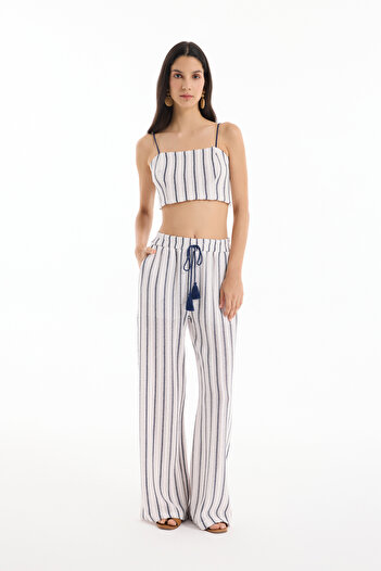 Quzu Lace and Tassel Detailed Striped Trousers Ecru