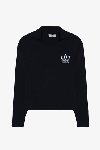 Quzu Arma Embroidered Shirt Collar Sweater Navy Blue