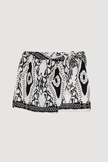 Quzu Bohemian Patterned Knot Tie Mini Skirt Ecru