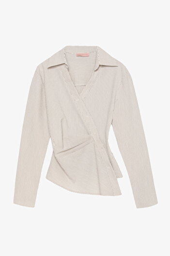 Quzu Asymmetrical Buttoned Draped Shirt Ecru